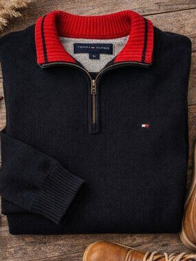 Tommy Hilfiger Quarter Zip Sweater XL Black Red Logo Mens Classic